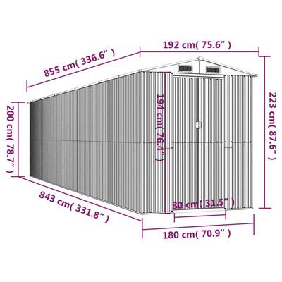 vidaXL dārza šķūnis, antracītpelēks, 192x855x223 cm, cinkots tērauds