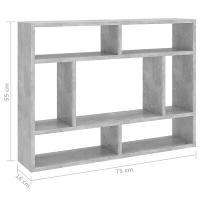 vidaXL sienas plaukts, betona pelēks, 75x16x55 cm, skaidu plāksne