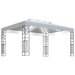 vidaXL dārza nojume ar dubulto jumtu un LED lampiņām, 3x4 m, balta