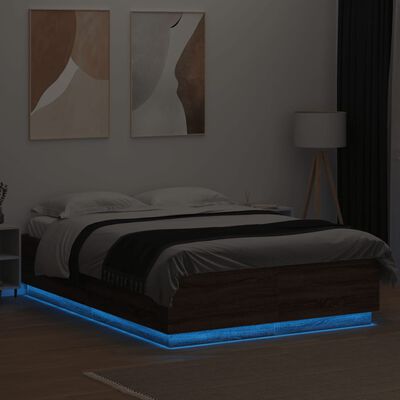 vidaXL gultas rāmis ar LED, brūns, 120x200 cm, inženierijas koks