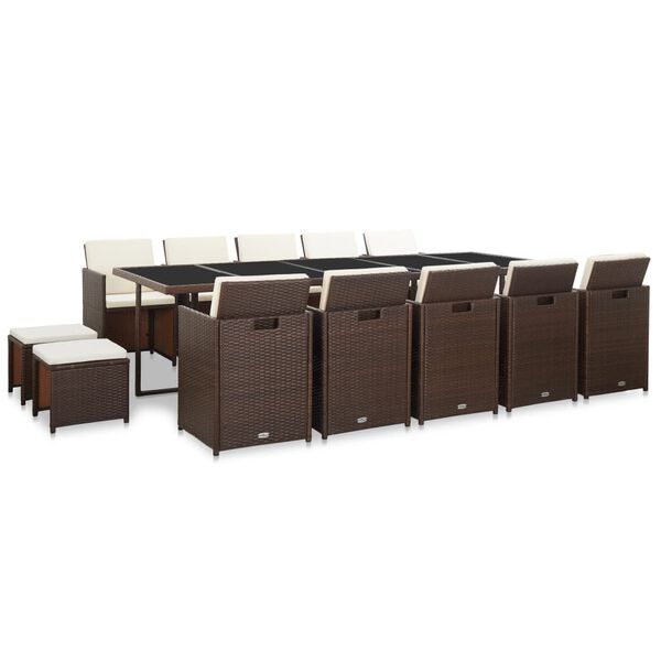 vidaXL 15-daļīgs dārza mēbeļu komplekts ar matračiem, brūns PE pinums