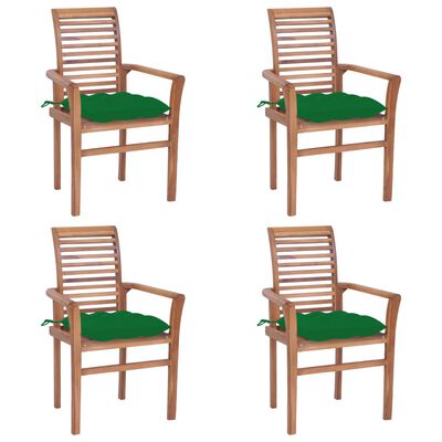 vidaXL virtuves krēsli, 4 gab., zaļi matrači, masīvs tīkkoks