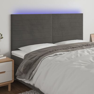 vidaXL gultas galvgalis ar LED, 160x5x118/128 cm, tumši pelēks samts