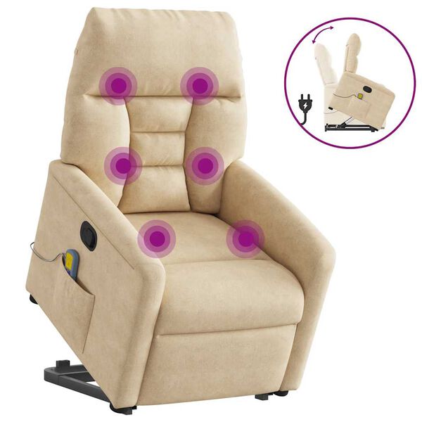 vidaXL masāžas krēsls, paceļams, krēmkrāsas mikrošķiedras audums