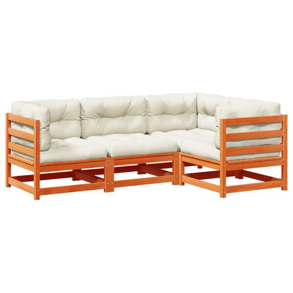 vidaXL 4-daļīgs dārza dīvānu komplekts, matrači, brūns priedes koks