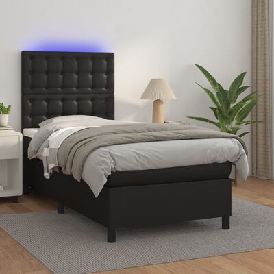 vidaXL atsperu gulta ar matraci, LED, melna, 90x200 cm, mākslīgā āda