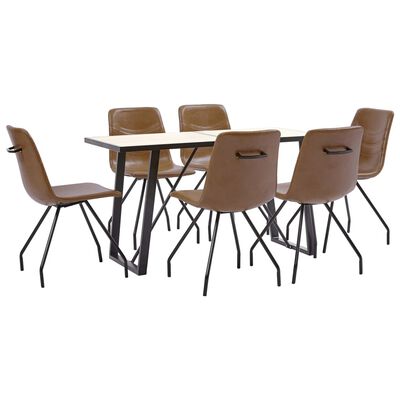 vidaXL virtuves galds un 6 krēsli, konjaka krāsas mākslīgā āda