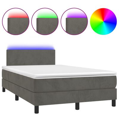 vidaXL atsperu gulta ar matraci, LED, tumši pelēks samts, 120x200 cm
