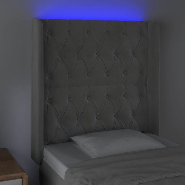 vidaXL gultas galvgalis ar LED, 83x16x118/128 cm, gai&scaron;i pelēks samts