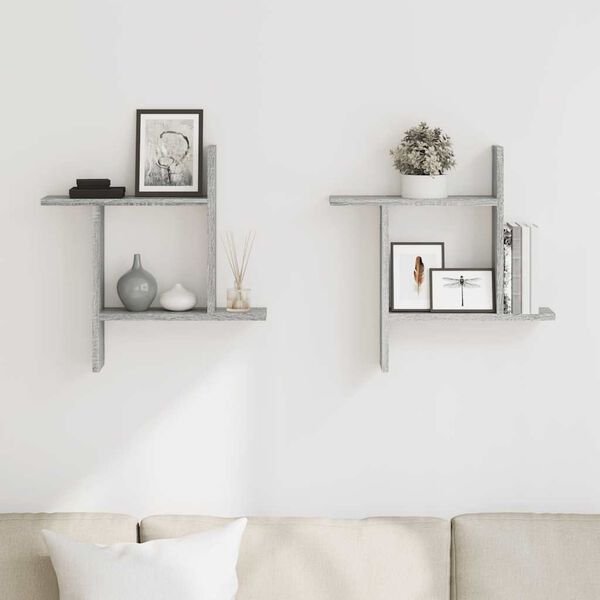 vidaXL sienas plaukti, 2 gab., pelēki, 50x12x50 cm, inženierijas koks