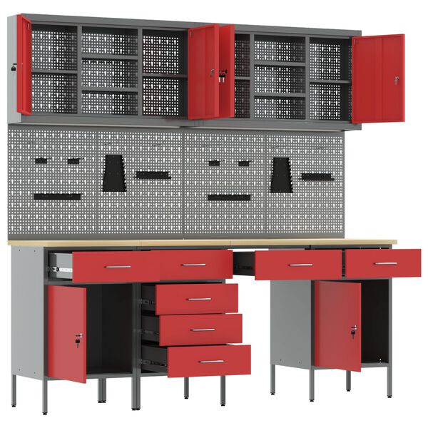 vidaXL Darbagalds ar slēdzeni 10 pcs Sarkana 200 x 55 x 200 cm Tērauds