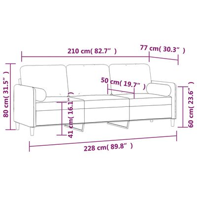 vidaXL trīsvietīgs dīvāns ar spilveniem, gaiši pelēks, 210 cm, samts