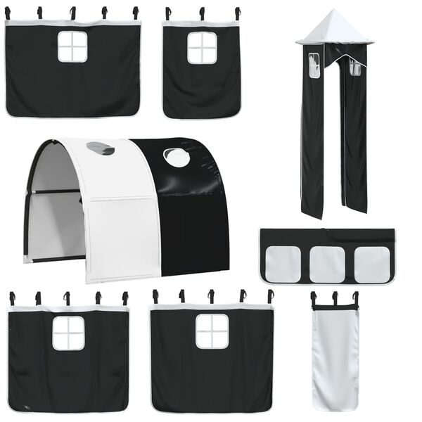 vidaXL aizkari augstajai gultai ar tuneli un torni, melni ar baltu