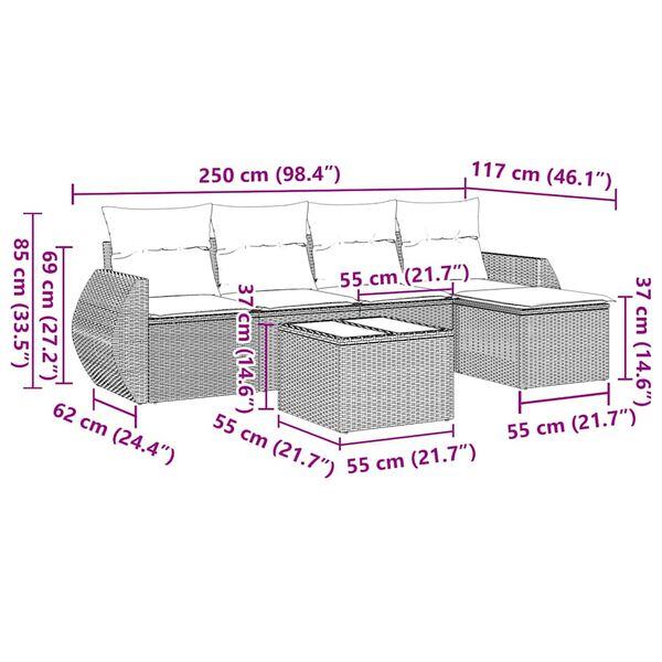 vidaXL 6-daļīgs dārza dīvāna komplekts, matrači, melna PE rotanpalma