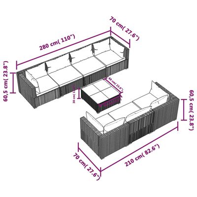 vidaXL 8-daļīgs dārza mēbeļu komplekts, matrači, PE rotangpalma, brūns