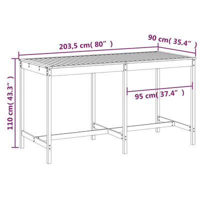 vidaXL dārza galds, 203,5x90x110 cm, priedes masīvkoks, balts