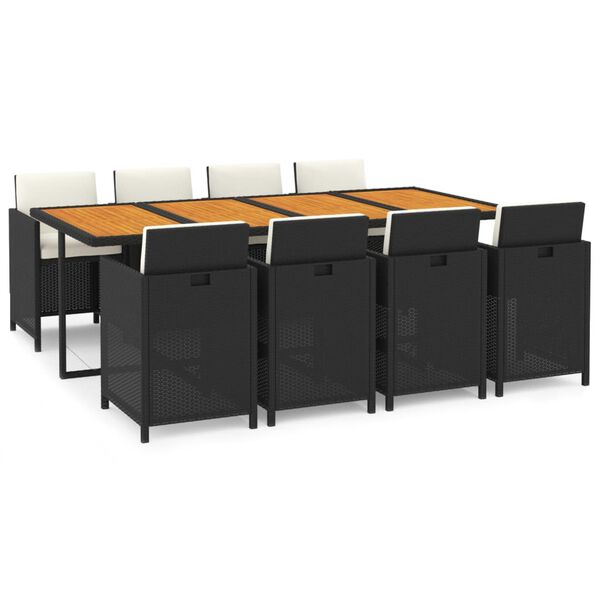 vidaXL 9-daļīgs dārza mēbeļu komplekts, matrači, melns, PE rotangpalma