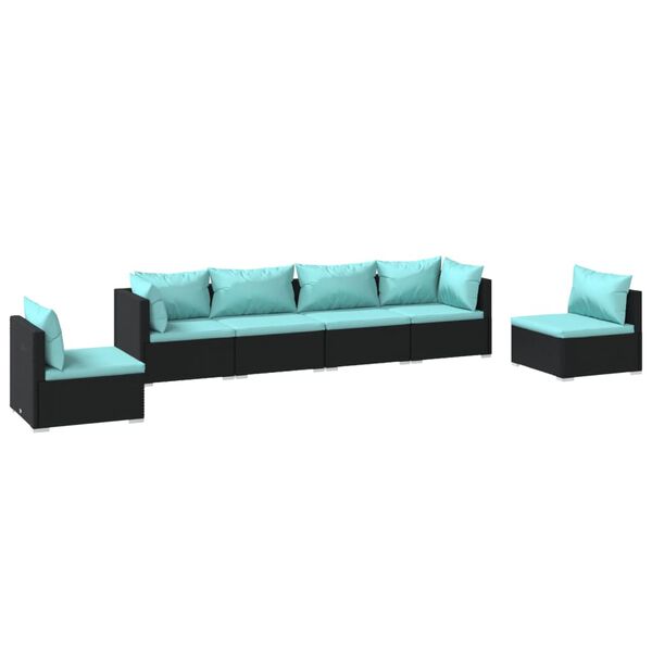 vidaXL 6-daļīgs dārza mēbeļu komplekts, matrači, melna PE rotangpalma