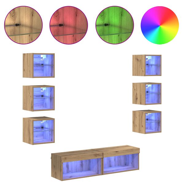 vidaXL Televizora skapī&scaron;a ar atvilktni 8 pcs Artisānā ozols Stikls