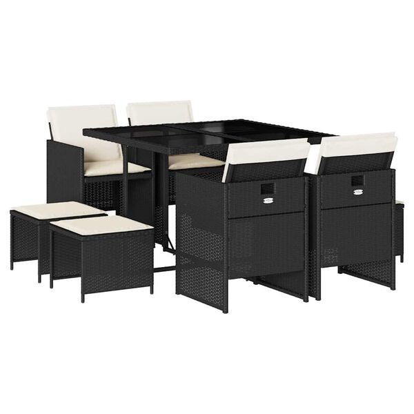 vidaXL 9-daļīgs dārza mēbeļu komplekts, matrači, melns, PE rotangpalma