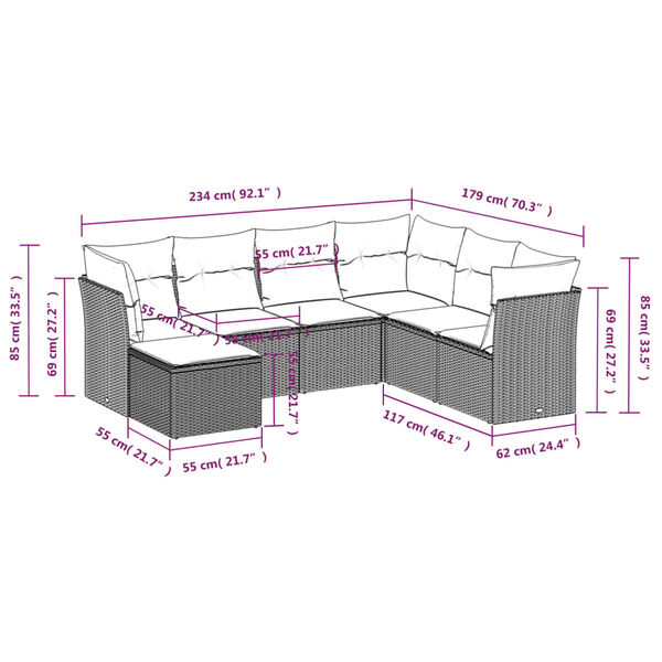 vidaXL 7-daļīgs dārza dīvāna komplekts, matrači, bē&scaron;a PE rotangpalma