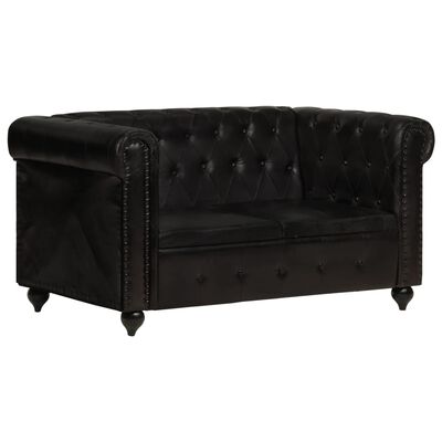 vidaXL divvietīgs Chesterfield dīvāns, melna dabīgā āda