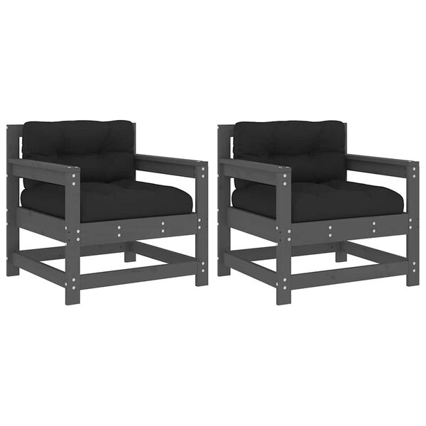 vidaXL dārza krēsli ar matračiem, 2 gab., pelēks priedes masīvkoks