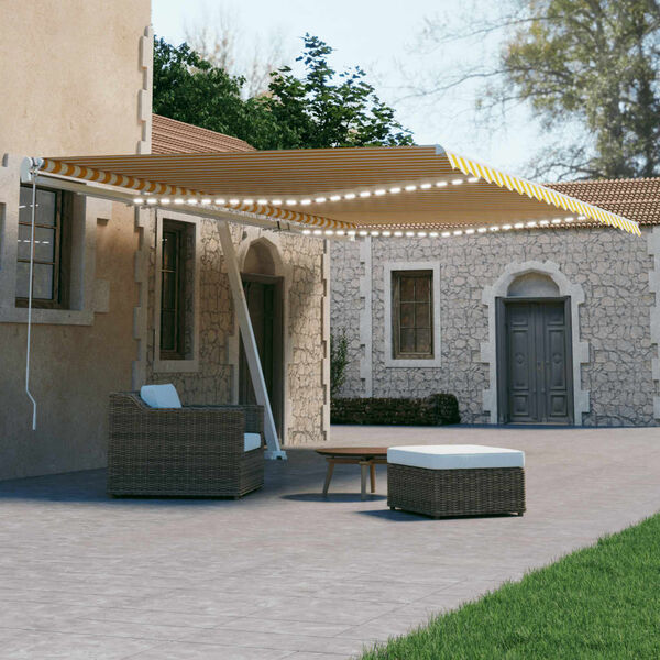 vidaXL izvelkama markīze, LED, vēja sensors, 600x300cm, dzeltena/balta