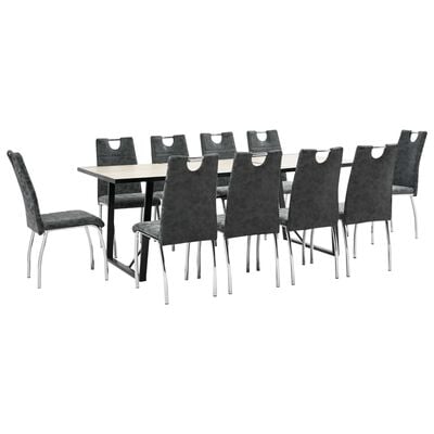 vidaXL virtuves galds un 10 krēsli, melna mākslīgā āda
