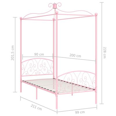 vidaXL gultas rāmis ar nojumi, rozā, metāls, 90x200 cm