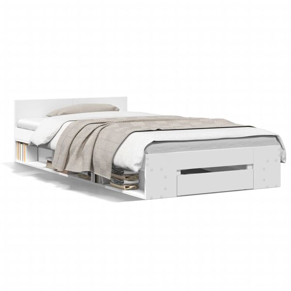 vidaXL gultas rāmis ar atvilktni, balts, 90x190 cm, inženierijas koks