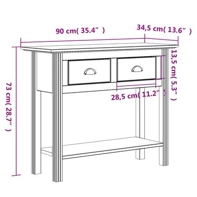 vidaXL konsoles galdiņš BODO, brūns, 90x34,5x73 cm, priedes masīvkoks