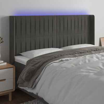 vidaXL gultas galvgalis ar LED, 183x16x118/128 cm, tumši pelēks samts