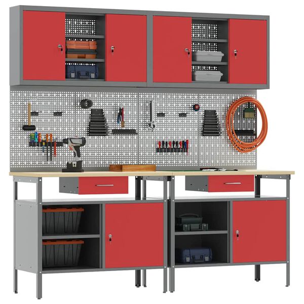 vidaXL Darbagalda komplekts 8 pcs Sarkana 200 x 55 x 200 cm Tērauds