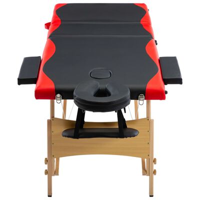 vidaXL saliekams masāžas galds, 3 daļas, koks, melns ar sarkanu