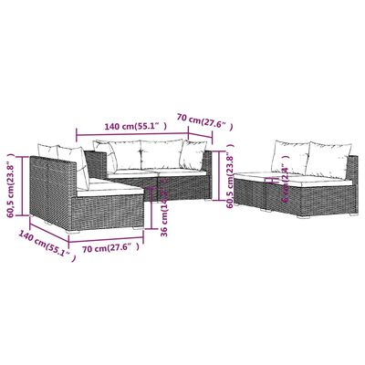 vidaXL 6-daļīgs dārza mēbeļu komplekts, matrači, melna PE rotangpalma