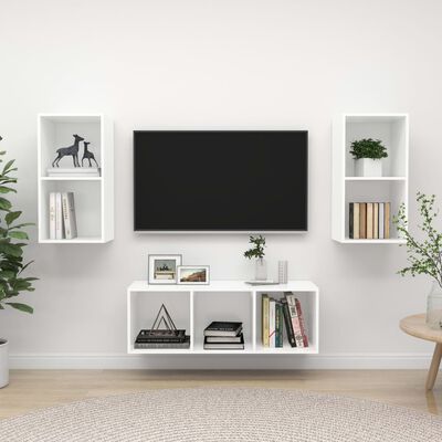 vidaXL 3-daļīgs TV plauktu komplekts, balts, skaidu plāksne