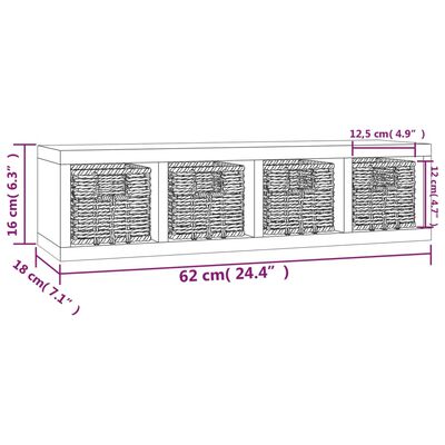 vidaXL sienas plaukts ar groziem, 62x18x16 cm, valrieksta masīvkoks