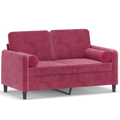 vidaXL divvietīgs dīvāns ar spilveniem, vīnsarkans, 120 cm, samts