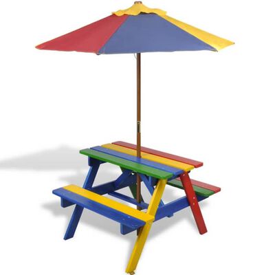 vidaXL bērnu piknika galds ar soliem, saulessargu, daudzkrāsains, koks