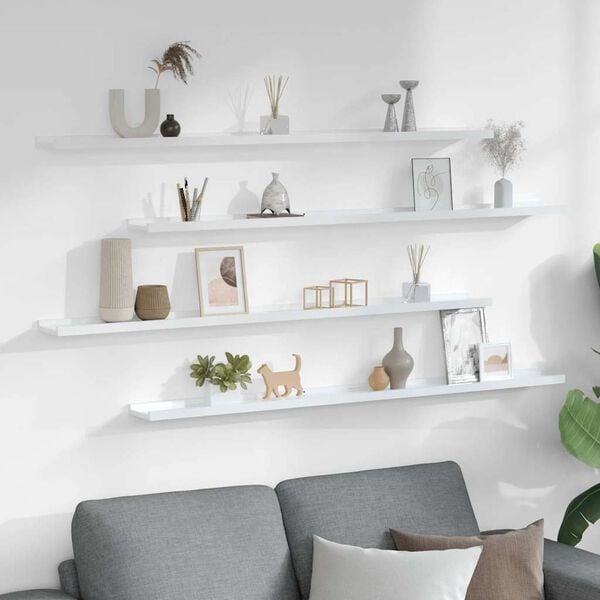 vidaXL sienas plaukti, 4 gab., spīdīgi balti, 115x9x3 cm