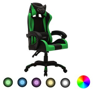 vidaXL biroja krēsls, RGB LED gaismas, zaļa un melna mākslīgā āda