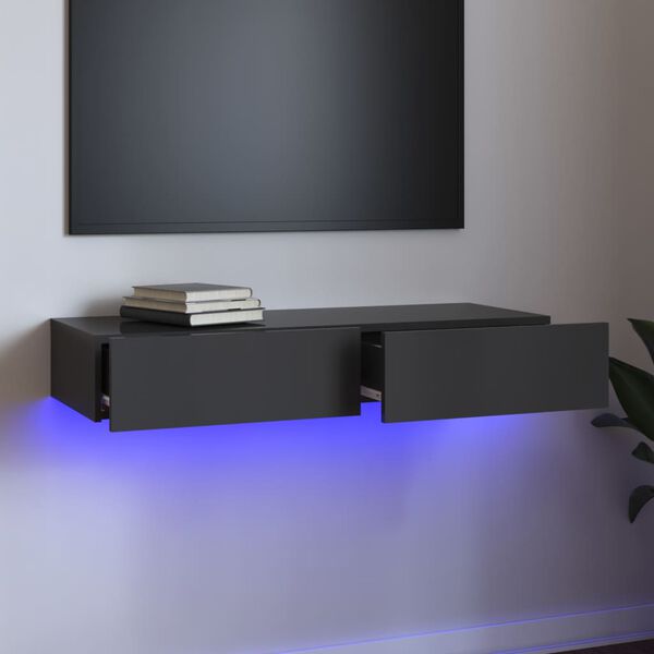 vidaXL TV galdiņ&scaron; ar LED lampiņām, spīdīgi pelēks, 90x35x15,5 cm