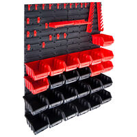 vidaXL 29-daļīgs sienas plaukts ar kastēm un paneļiem, melns, sarkans