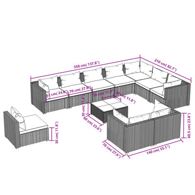 vidaXL 11-daļīgs dārza mēbeļu komplekts, matrači, melna PE rotangpalma