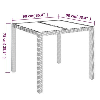 vidaXL dārza galds ar stikla virsmu, 90x90x75cm, pelēka PE rotangpalma