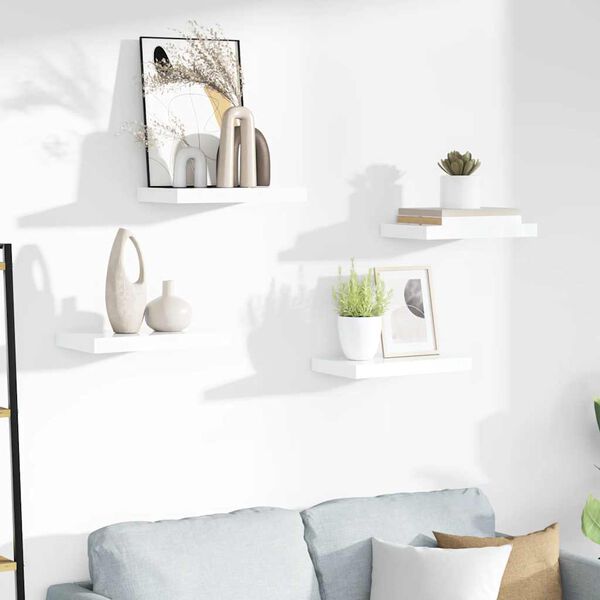 vidaXL sienas plaukti, 4 gab., spīdīgi balti, 40x23x3,8 cm, MDF