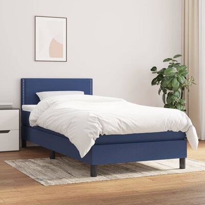 vidaXL atsperu gultas rāmis ar matraci, zils, 90x200 cm, audums