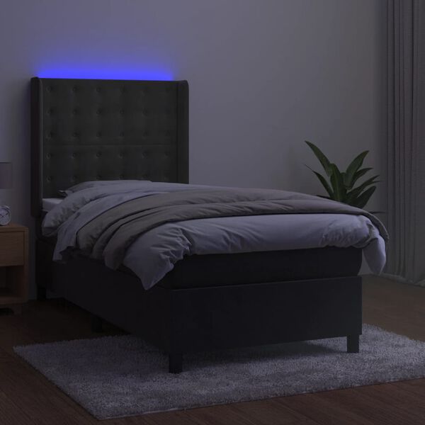 vidaXL atsperu gulta ar matraci, LED, tum&scaron;i pelēks samts, 90x190 cm