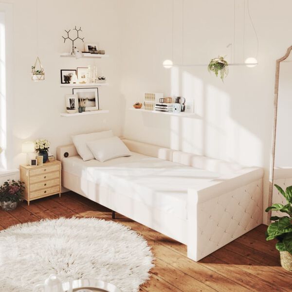 vidaXL dīvāngulta ar matraci, USB, krēmkrāsas audums, 90x200 cm